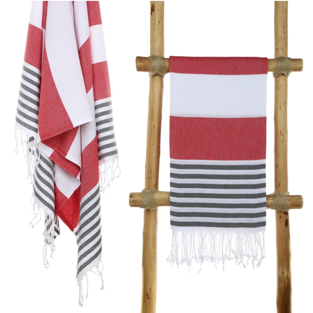 4 Red Anthracite Striped Beach Bath Towels - 100% Turkish Cotton